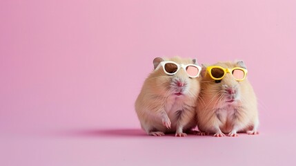 Wall Mural - Creative animal concept. Group of hamster friends in sunglass shade glasses isolated on solid pastel background, commercial, editorial advertisement, copy text space