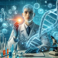 Experimental model, science, science equipment Research in genetics and biological sciences Human biology and technology blue black gradient illustration