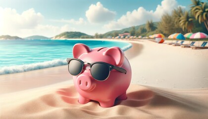 Pink piggy bank with sunglasses enjoys the beach, looking at the ocean. A scenic beach and a pink piggy bank under the clear blue sky make a perfect day.