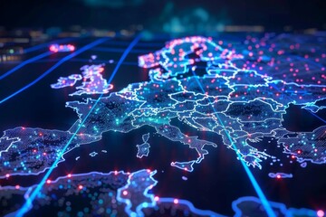 Wall Mural - Digital Map of Europe Network Technology created with Generative AI