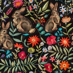 Canvas Print - embroidery, rabbits and fowers tile seamless background