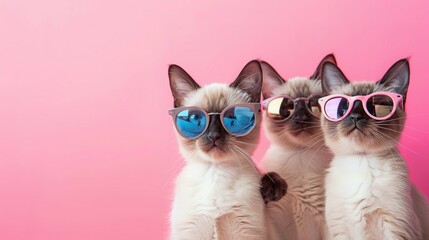 Wall Mural - Creative animal concept. Group of Siamese cat kitty kitten friends in sunglass shade glasses isolated on solid pastel background, commercial, editorial advertisement, copy text space