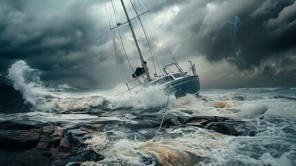 A dramatic scene of a yacht crashed against sharp rocks during a violent storm, with waves crashing over its deck.

