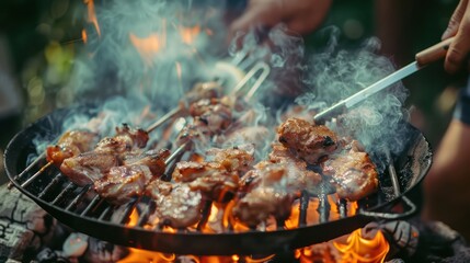 Close up image of juicy meats being grilled over open flames, capturing the essence of a summer cookout