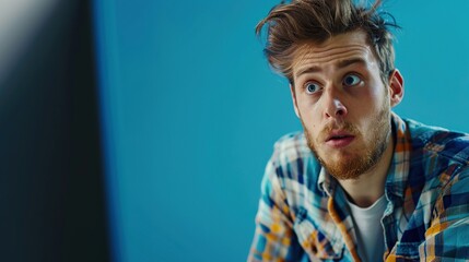 portrait of confused man looking at computer screen. puzzled employee, office worker, student or hip