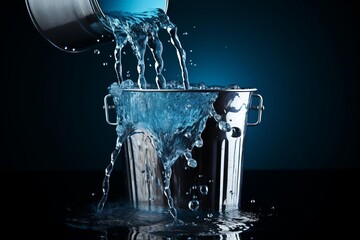 a metal bucket being poured water from a blue plastic pitcher.