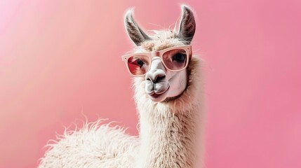 Wall Mural - Creative animal concept. Llama in sunglass shade glasses isolated on solid pastel background, commercial, editorial advertisement, surreal surrealism