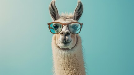 Wall Mural - Creative animal concept. Llama in sunglass shade glasses isolated on solid pastel background, commercial, editorial advertisement, surreal surrealism