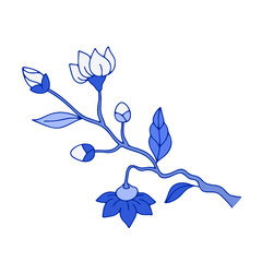 Wall Mural - Monochrome blue floral chinoiserie style flower isolated on white background. Abstract hand drawn botanical clip art element.