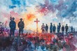 Soldiers Gather Around a Memorial Cross at Dawn, a Watercolor Scene Symbolizing Reflection and Commemoration on Memorial Day
