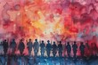 Group of Soldiers Standing Solemnly at Sunset, a Vivid Watercolor Representation of Unity and Remembrance on Memorial Day
