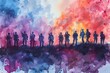 Silhouettes of Soldiers Standing Vigil at Dawn, a Dramatic Watercolor Display of Military Unity and Sacrifice on Memorial Day
