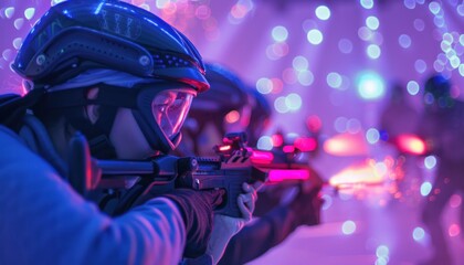 a group of people are playing a game of laser tag in a dark room