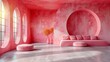 A room with pink walls and round windows