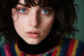 Poster - Pensive young woman with blue eyes and dark hair