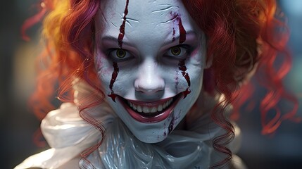 Wall Mural - Creepy clown with red hair and bloody face