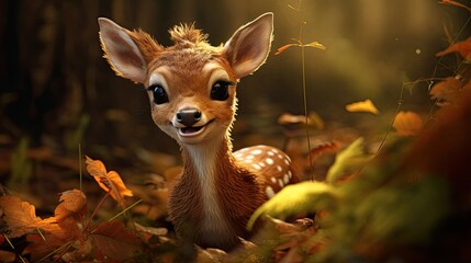 Wall Mural - Cute deer fawn in autumn leaves