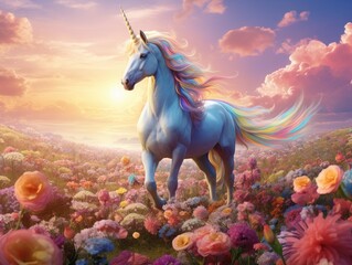 Poster - Magical unicorn in a colorful floral field