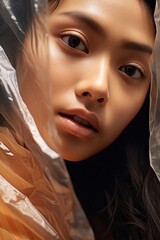 Poster - Close-up portrait of a thoughtful young asian woman