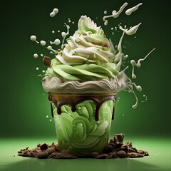 Wall Mural - Creamy green dessert with chocolate drizzle