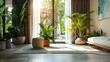 Bright living room with potted plants by window