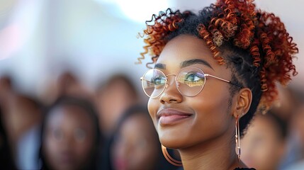 Wall Mural - A woman with curly hair and glasses is smiling at the camera