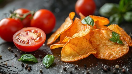 Potato chips with tomato and pepper on a white background