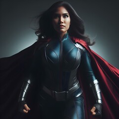 Wall Mural - Bellow view of powerful superhero woman in costume with cape, looking imposing and fearless.