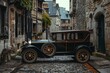 Vintage car parked in an old cobblestone alley, enhancing the charm and historical context of the vehicle