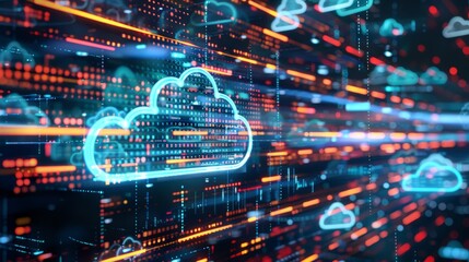 Technology networking and digital communication in business with cloud computing concept web storage for data global social media ai server online binary illustration background modern futuristic