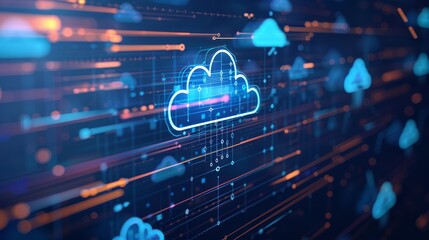 Technology networking and digital communication in business with cloud computing concept web storage for data global social media ai server online binary illustration background modern futuristic