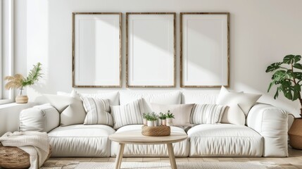 render of three vertical blank frames in a mockup cozy living room, a white sofa with striped pillows and a wooden white table near a window with natural light, white walls