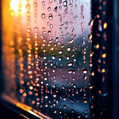 Wall Mural - Rain drops on the window glass at sunset. AI generated