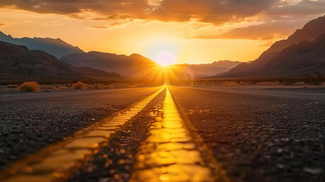 Low level view of empty old paved road in mountain area at sunset