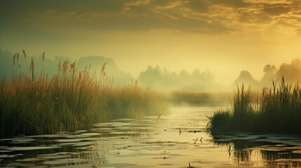 Poster - Morning fog on the lake, sunrise shot