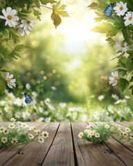 Wall Mural - Blossom White Cosmos flowers in garden with  wood plank floor and flying butterfly. Summer  and spring time theme background.