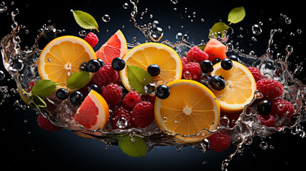 Wall Mural - Fruits on black background with water splash