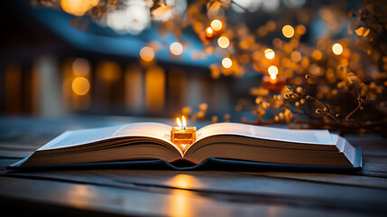 Wall Mural - Open book on grunge wood background with falling leaf