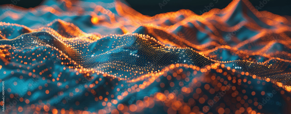 Dynamic digital wave of glowing particles, ideal for technology and ...