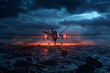 An atmospheric 3D illustration of a lone AI drone surveying a conflict zone at night its sensors glowing  