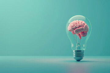 Wall Mural - An elegant 3D render of a light bulb with a brain suspended in mid-air inside, on a pastel teal background, symbolizing floating ideas 