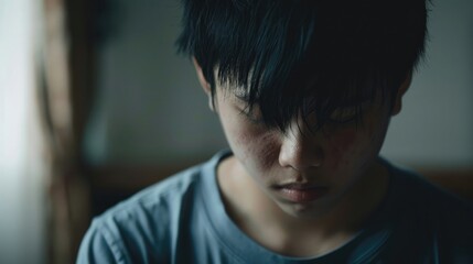 Canvas Print - Teenage Asian boy looks sad and contemplative at home, with copy space