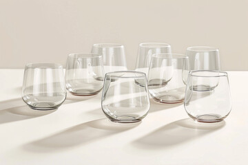 Wall Mural - A collection of minimalist glassware, like stemless wine glasses, arranged in a symmetrical pattern on a clean surface