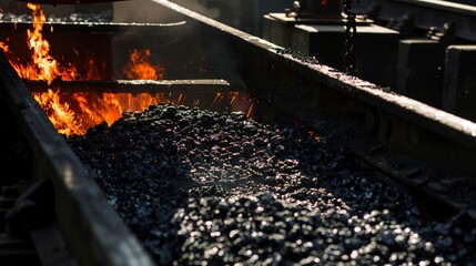 Wall Mural - Close-up of coal being loaded into a furnace, detailed texture of coal and flames, intense heat light.