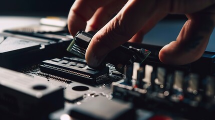 Poster - Close-up of hand placing a battery into an electronic device, detailed assembly, focused ambient light.