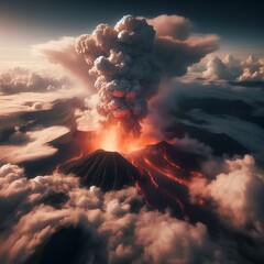 Wall Mural - Volcanic eruption aerial view with smoke and lava explosion.