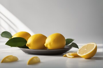 Wall Mural - 'composition lemons isolated white background lemon half closeup ripe yellow food healthy fruit vitamin sour citrous fresh nature green colours natural leaf health juicy sweet slice organic raw juice'