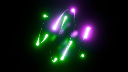 Abstract neon colorful glowing lines particles animation with logo intro effect on black background 4K. Abstract motion background featuring purple and green light streaks