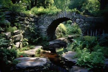 A stone bridge arches gracefully over a narrow stream, connecting two sides of the garden.