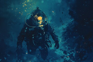 Wall Mural - Illustration depicts a deep-sea diver enveloped in an abyss of darkness, with only the faint glow of their helmet light breaking through the inky blackness.